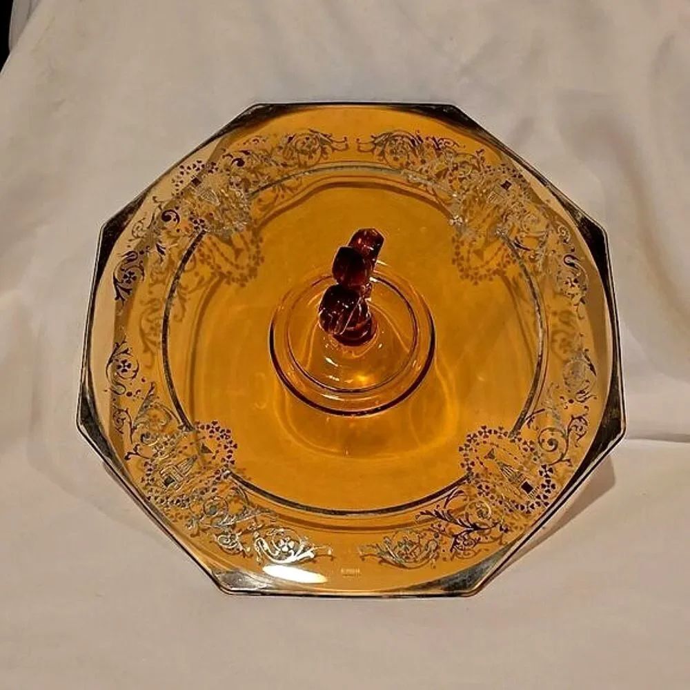 CAMBRIDGE AMBER GLASS Serving Sandwich Tray!  Art Deco Design,Sterling Etching!